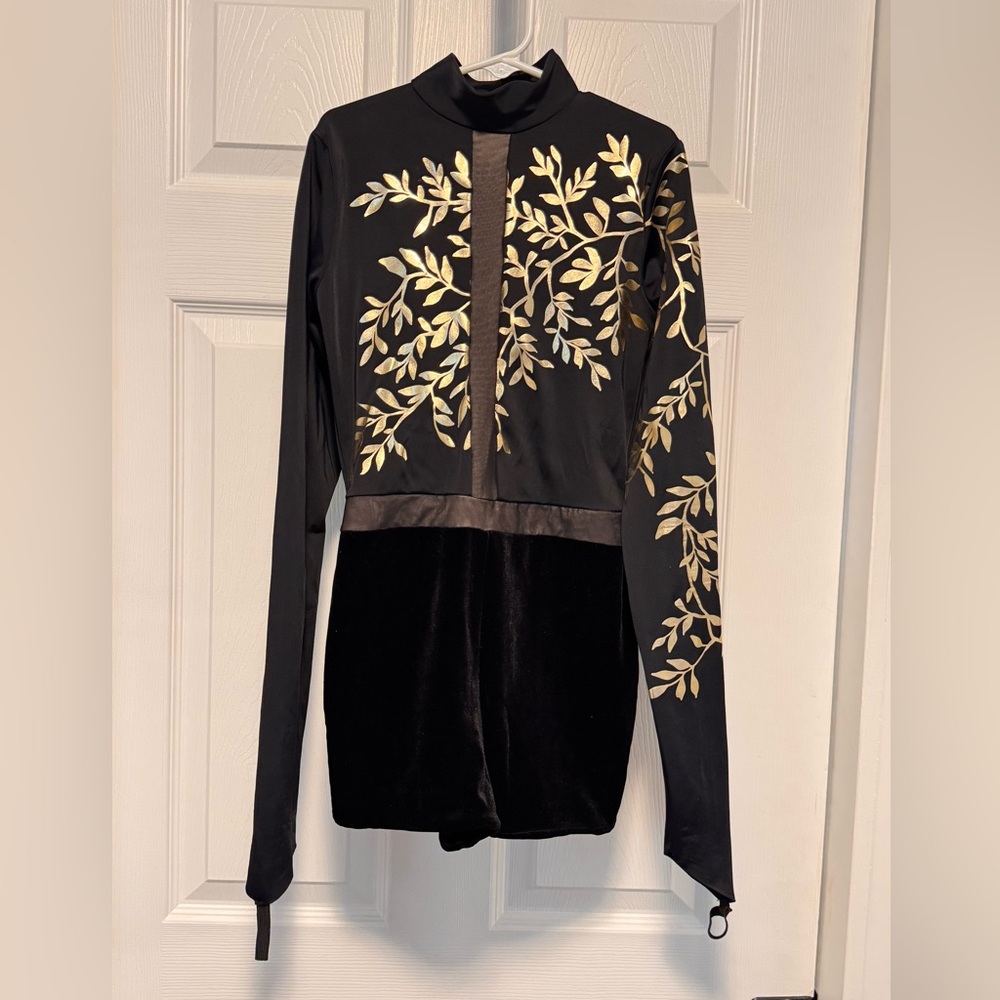 Elegant Black and Gold Leaf Kids Dance Costume